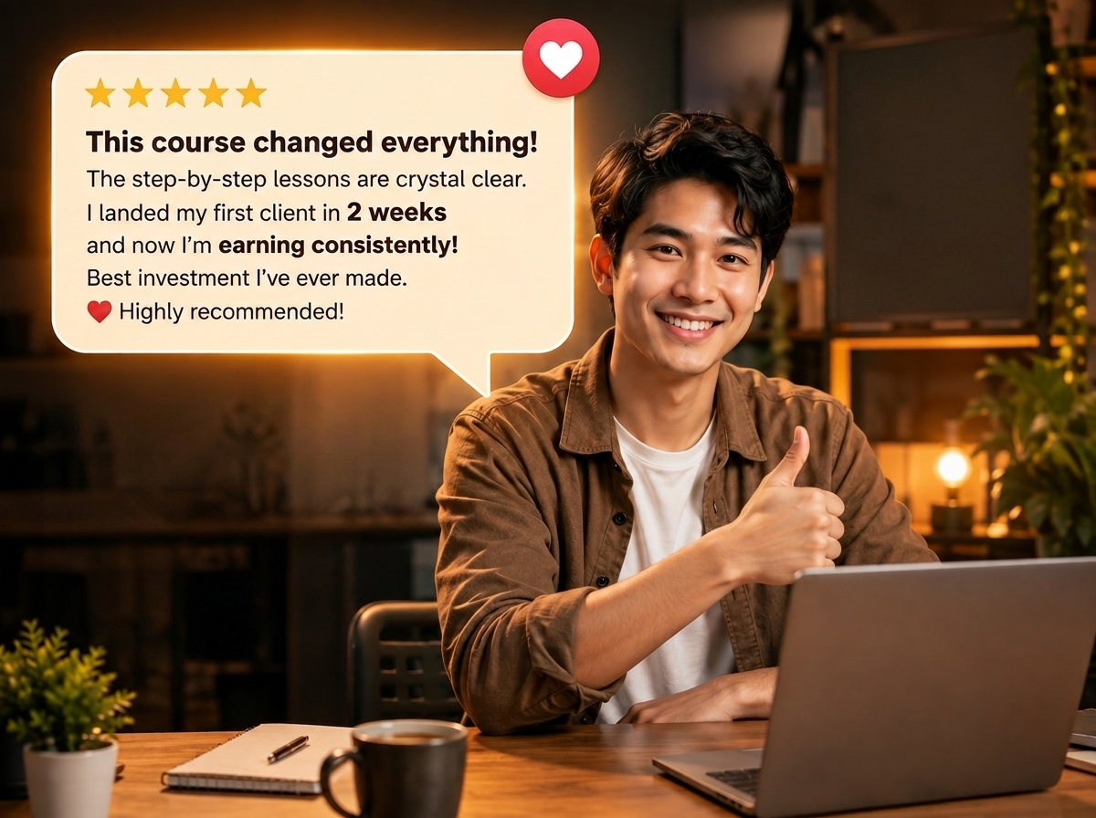 Freelancer giving a thumbs up after using an AI side hustle course, with a five-star review about landing his first client fast.