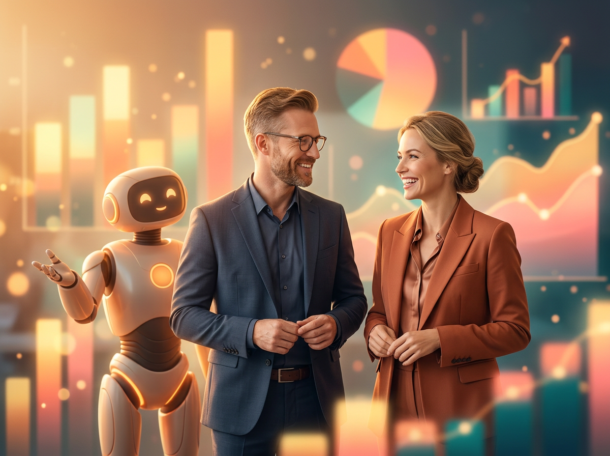 Businessman and businesswoman smiling with an AI robot guiding them past glowing charts and graphs, symbolizing AI-powered CRM growth
