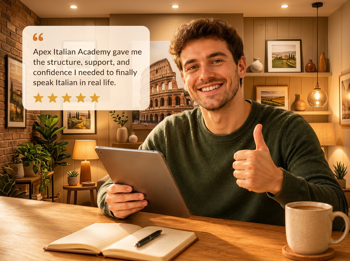 Smiling Apex Italian Academy student giving a thumbs up beside a five-star review about gaining confidence speaking Italian.