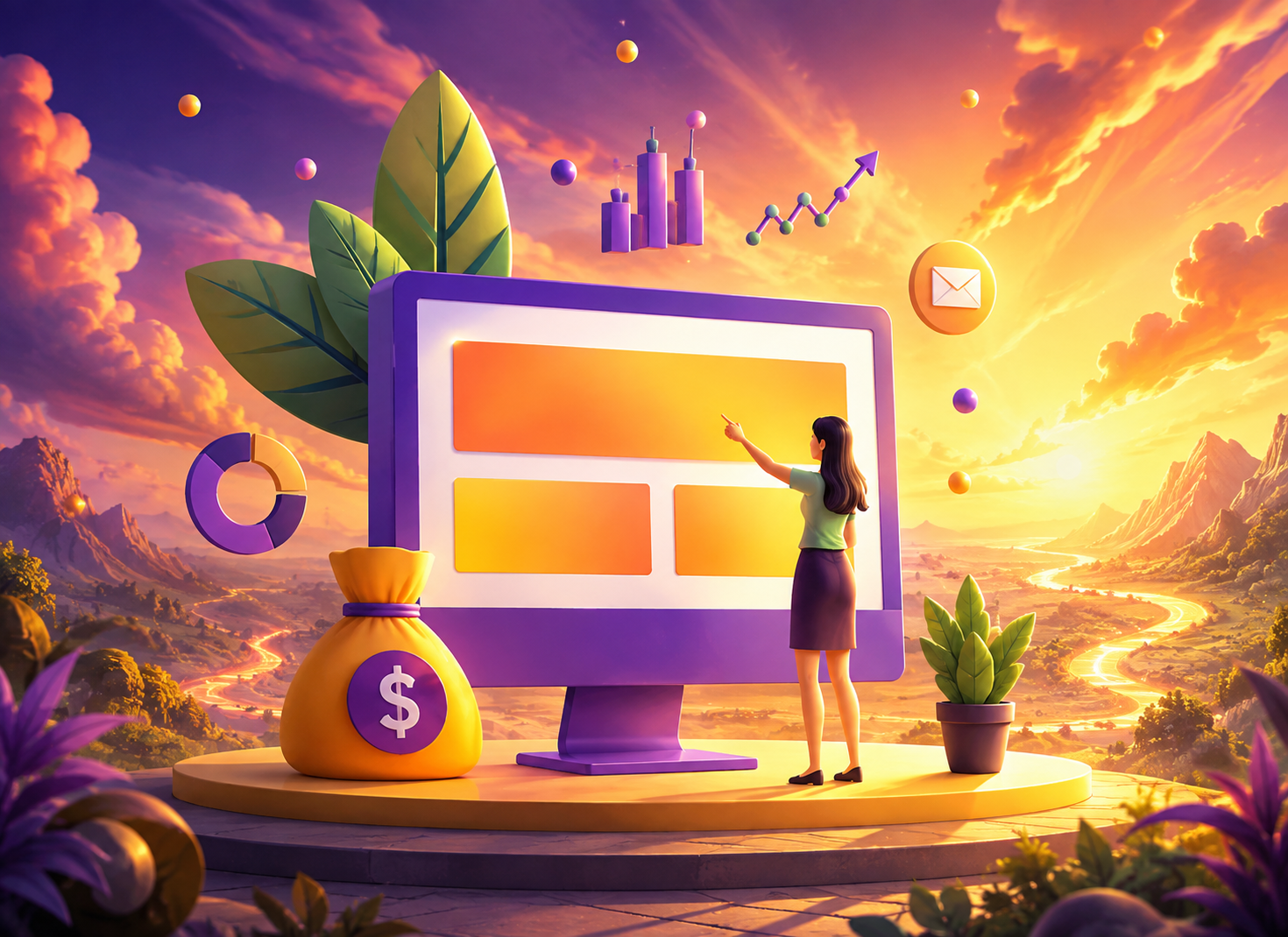 3D illustration of a woman managing an affiliate website dashboard beside growth charts, a money bag, and email icon.