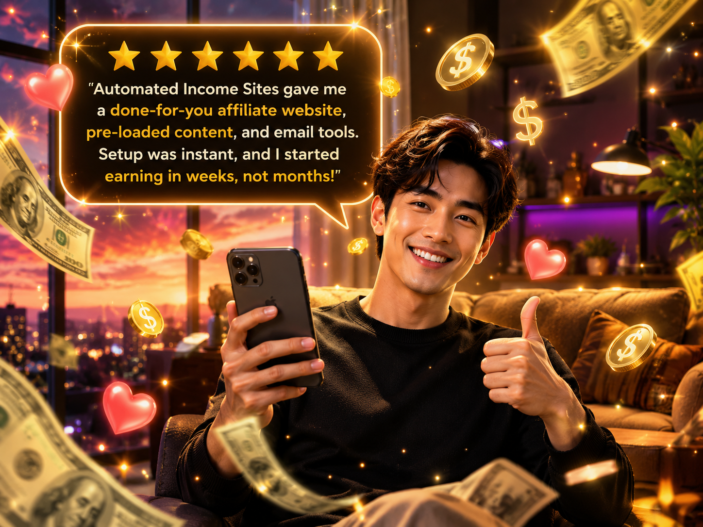 Man smiling at tablet beside a five-star review praising Automated Income Sites' done-for-you affiliate website