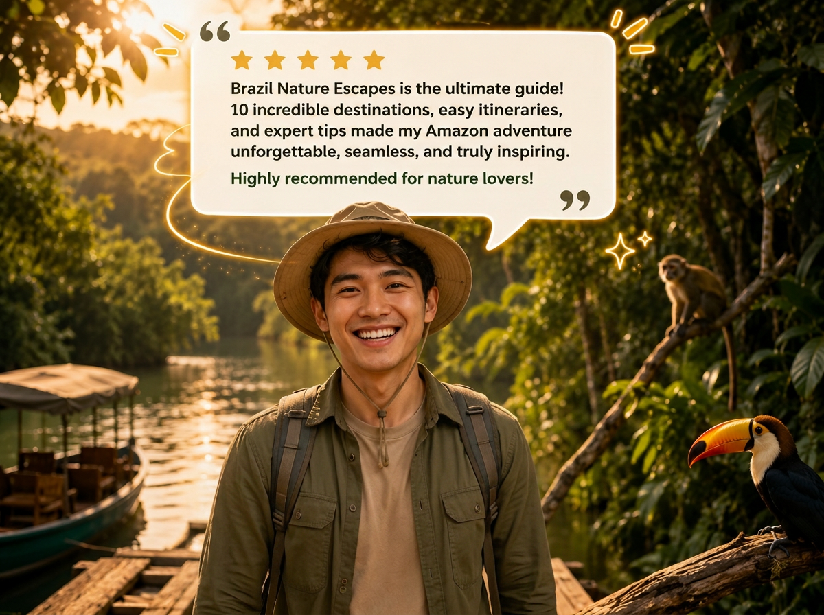 Smiling traveler in Amazon rainforest with backpack, beside a five-star review quote for the Brazil Nature Escapes guide.