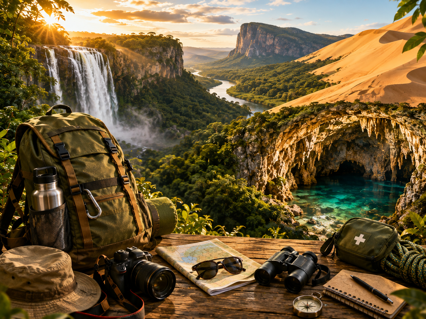 Waterfall, river valley, limestone cave, and dunes showcase Brazil's diverse ecosystems featured in the Brazil Nature Escapes guide.