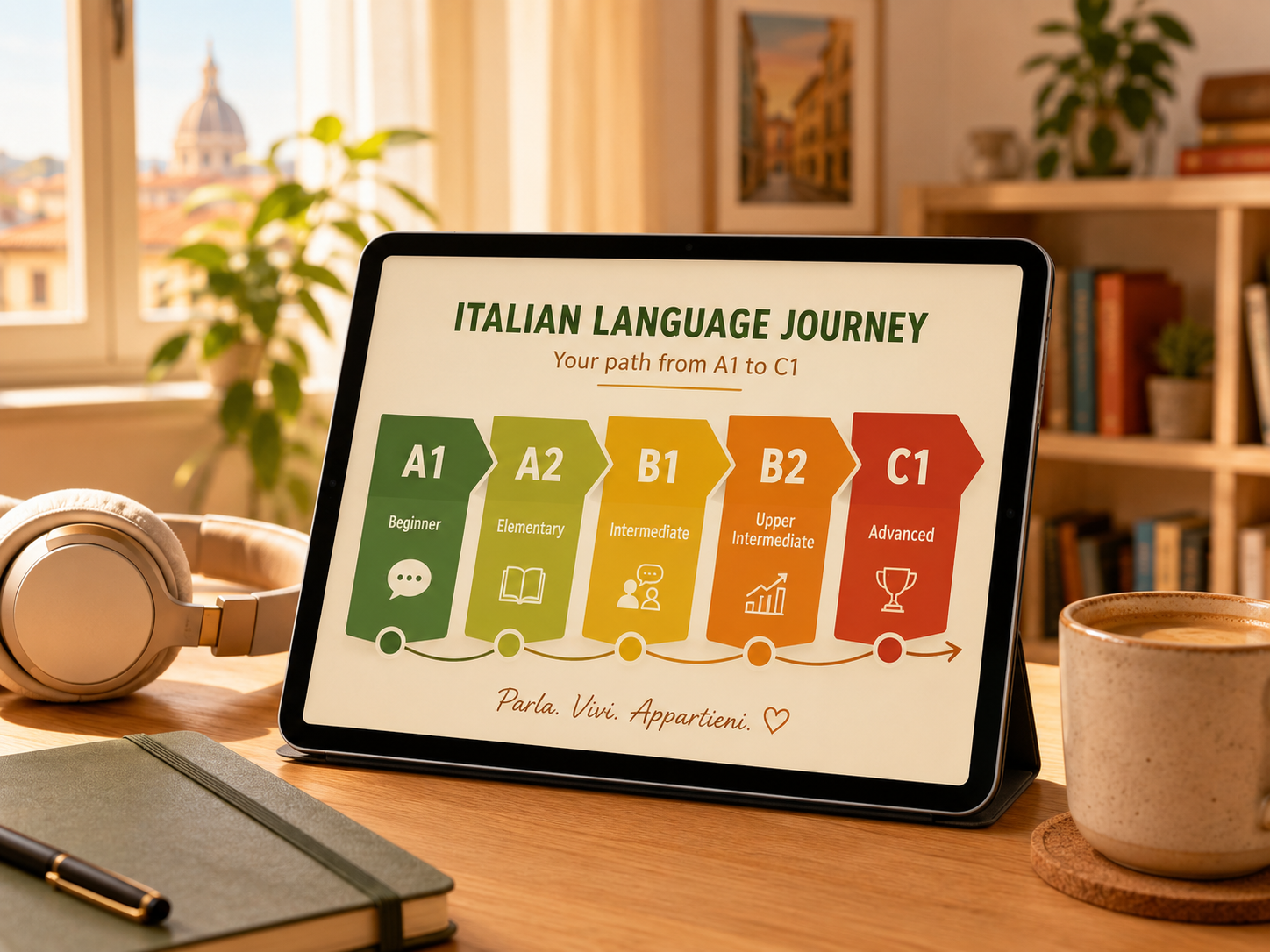CEFR level chart showing Italian language progression from A1 to C1 for expat learners