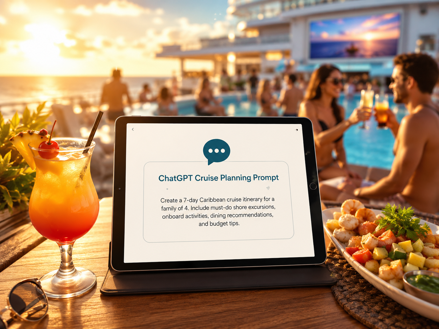 Traveler copy-pasting a ChatGPT cruise planning prompt on a tablet for trip prep