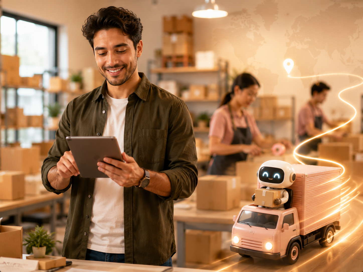 Entrepreneur checks his dropshipping store on a tablet as an automated delivery robot ships orders, reflecting the Creating Internal Wealth review.