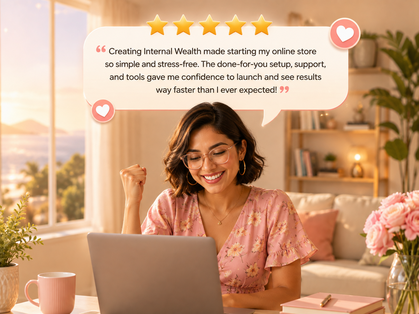 Woman celebrates at her laptop under a five-star testimonial praising Creating Internal Wealth's done-for-you dropshipping setup.