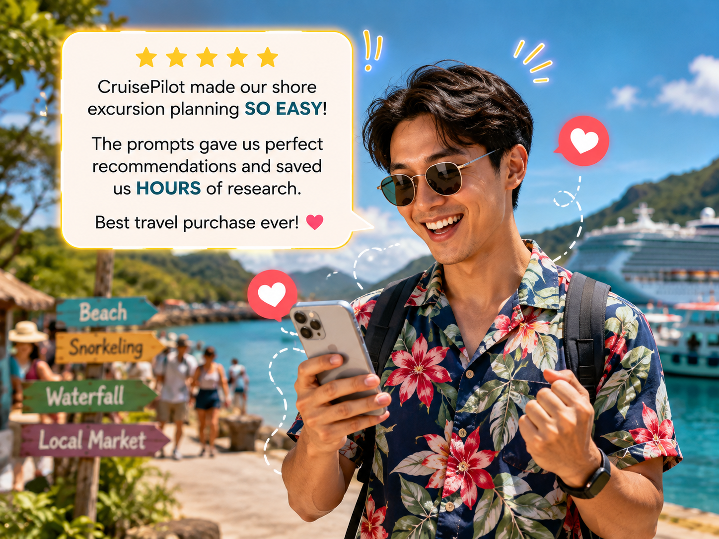 Man reviewing CruisePilot's 5-star cruise planning prompts on his phone at a cruise port with shore excursion signs