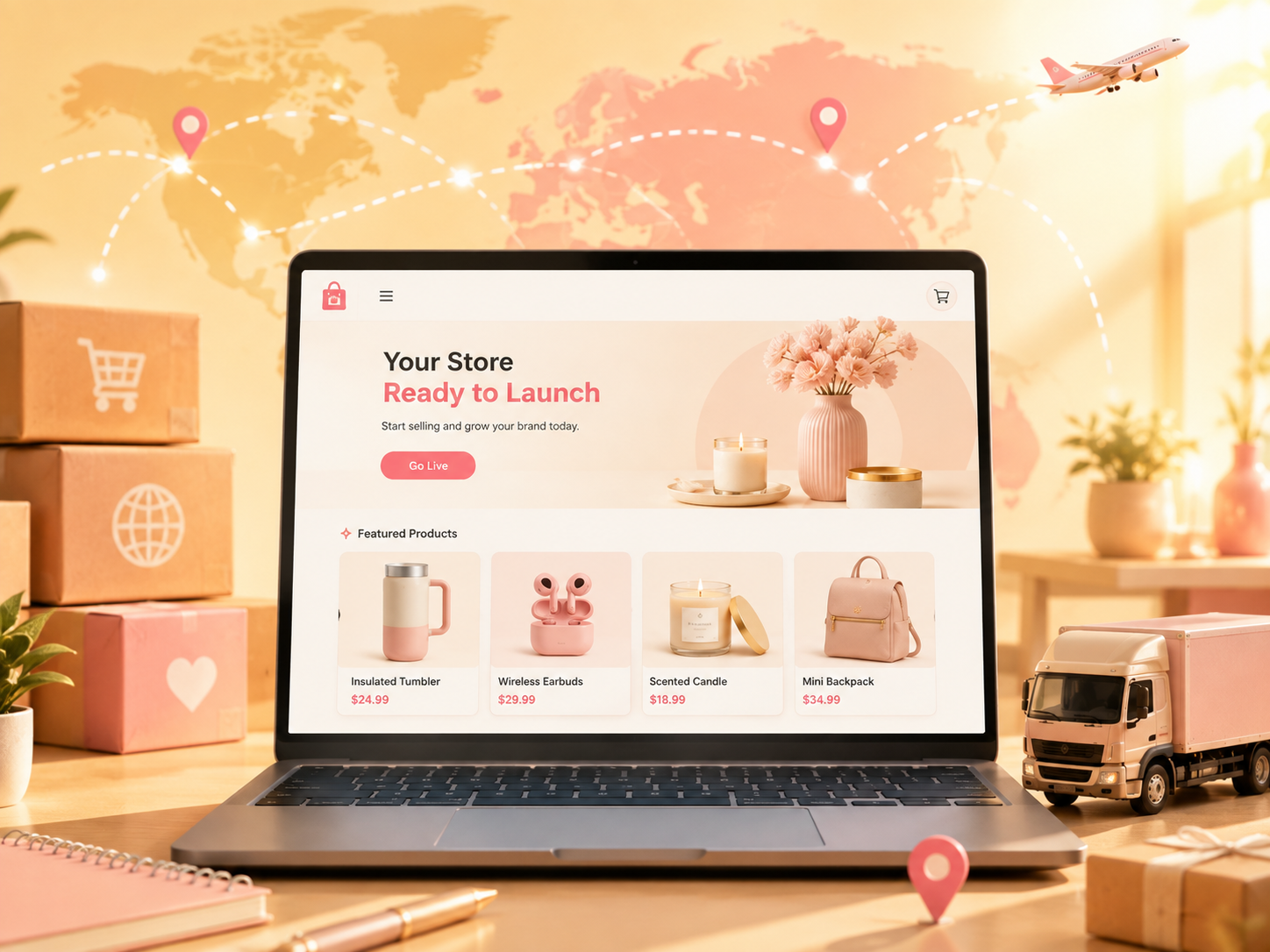 Done-for-you dropshipping store setup dashboard showing branded eCommerce store ready to launch