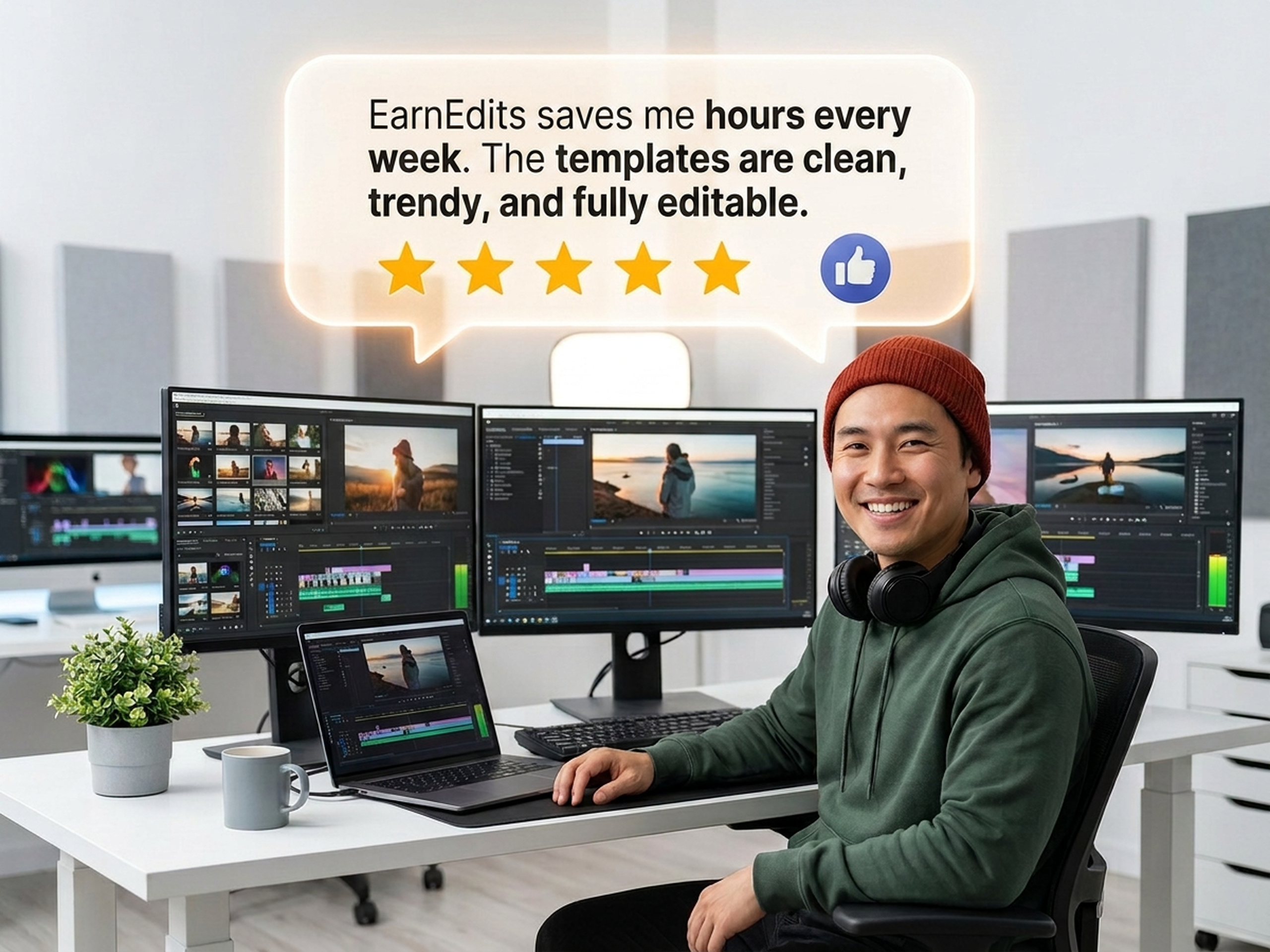 Freelance editor at his workstation with a speech bubble praising EarnEdits templates as fully editable