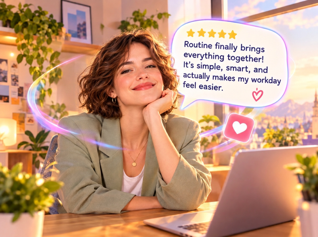 Woman smiling at her laptop beside a five-star review praising Routine for simplifying her workday.