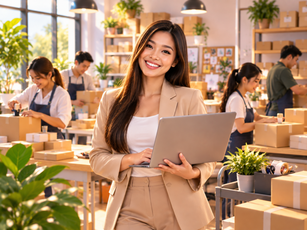 Small business owner with laptop oversees her team packing orders while scaling operations with Crest Wake