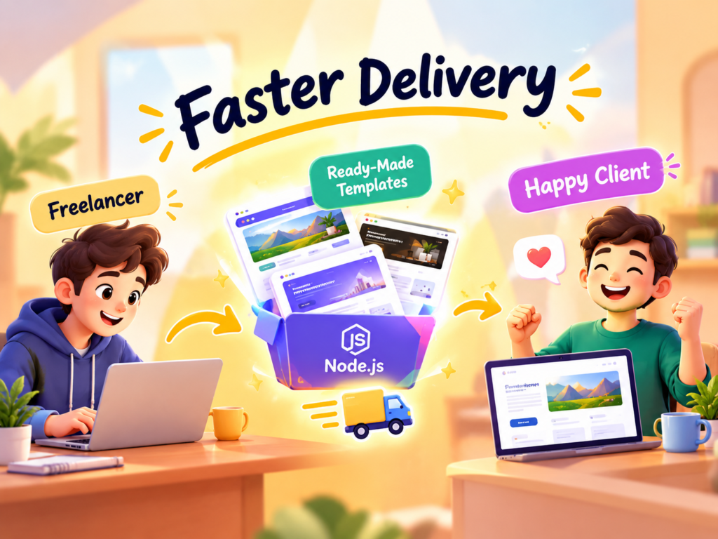 Freelancer delivering a professional client website faster using ready-made Node.js templates