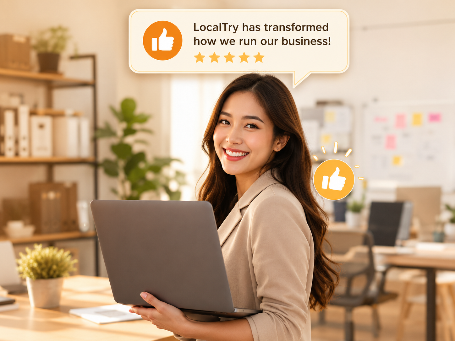 Smiling service business owner with laptop next to a five-star customer review testimonial.