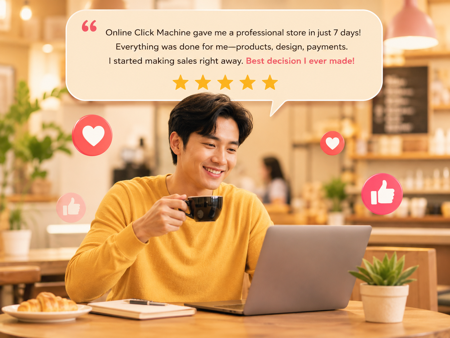 Man smiling at laptop in a café with a 5-star testimonial about launching a done-for-you ecommerce store in 7 days