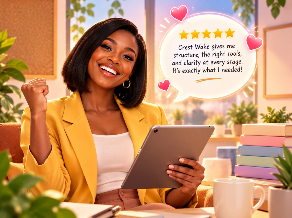 Entrepreneur in yellow blazer celebrates a five-star testimonial praising Crest Wake's business tools