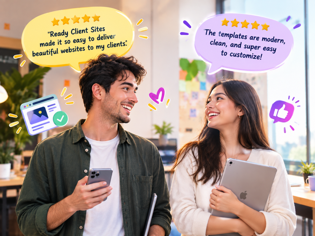 Two smiling freelancers holding a phone and tablet share five-star reviews of ready-made business website templates