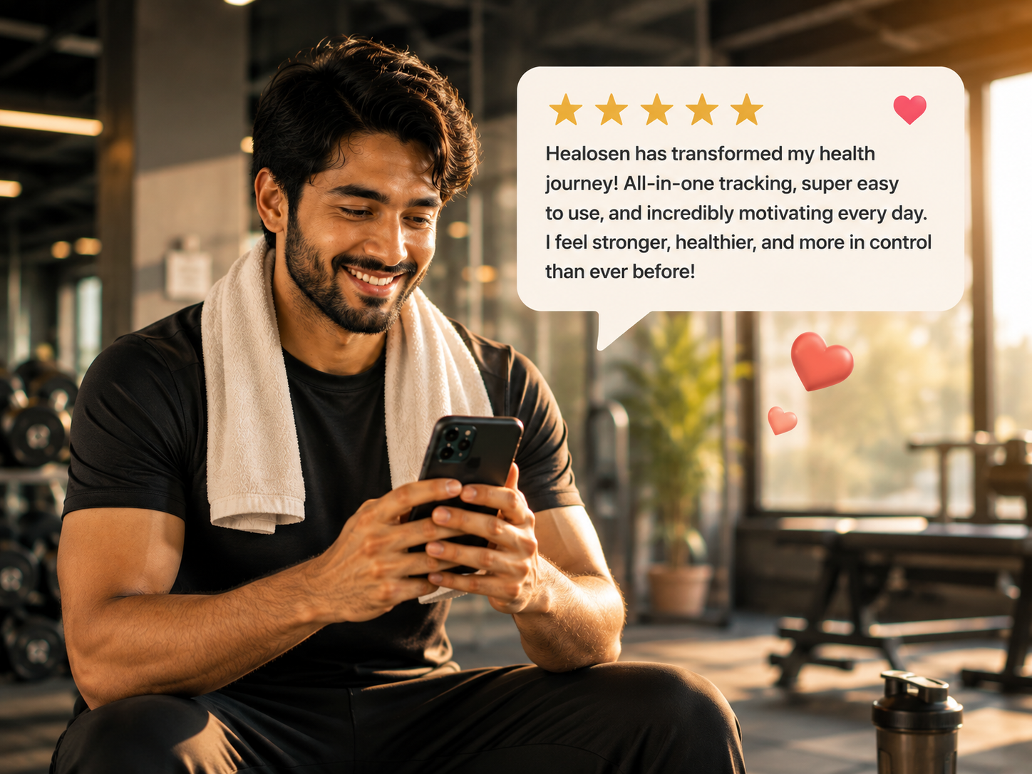 Man at the gym checking a glowing five-star testimonial for the Healosen health tracking app on his phone