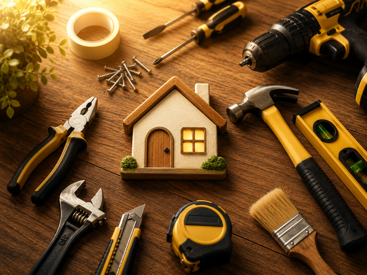 Wooden model house surrounded by renovation tools including a drill, hammer, level, tape measure and paintbrush