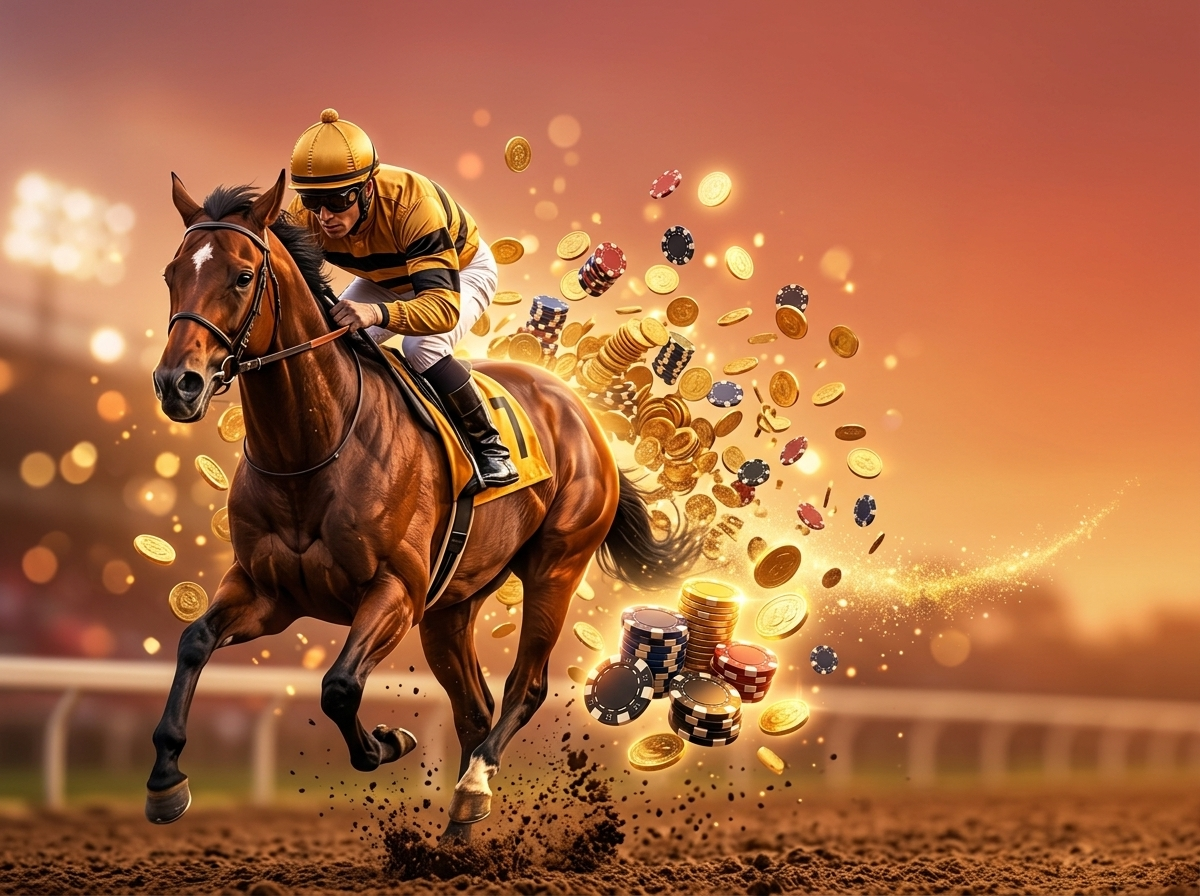 Jockey racing a horse past gold coins, symbolizing profits from lay betting on horse racing favourites