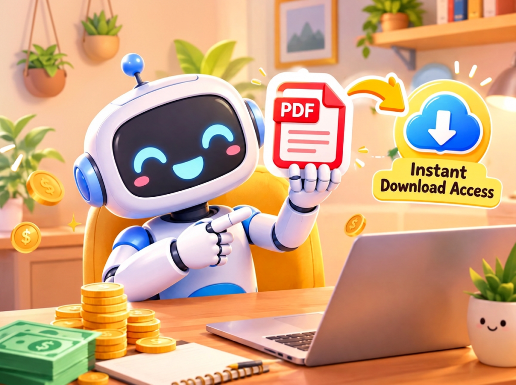Friendly robot holding a PDF playbook with a cloud icon showing instant download access, beside coins and a laptop