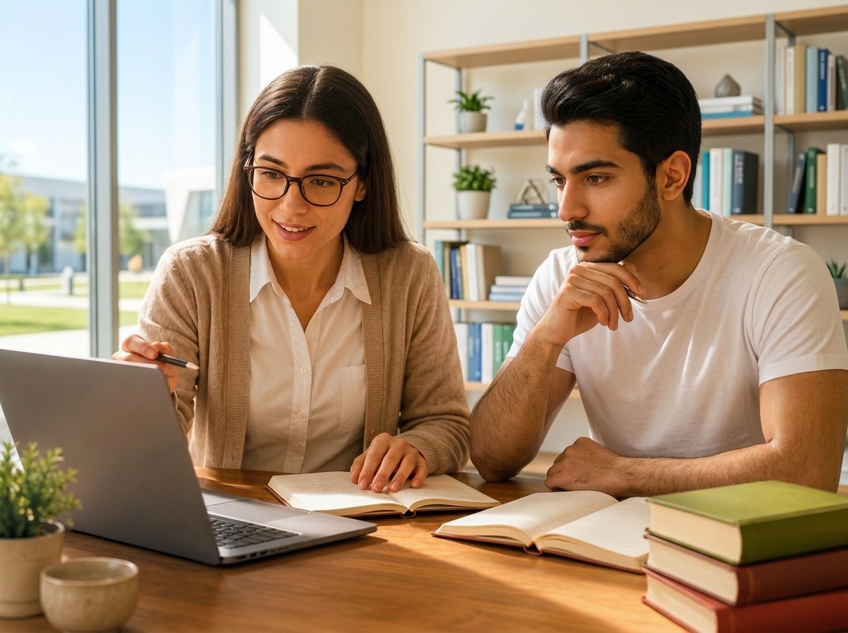 Italian teacher guiding an expat student through an online lesson on a laptop, textbooks open on the desk.