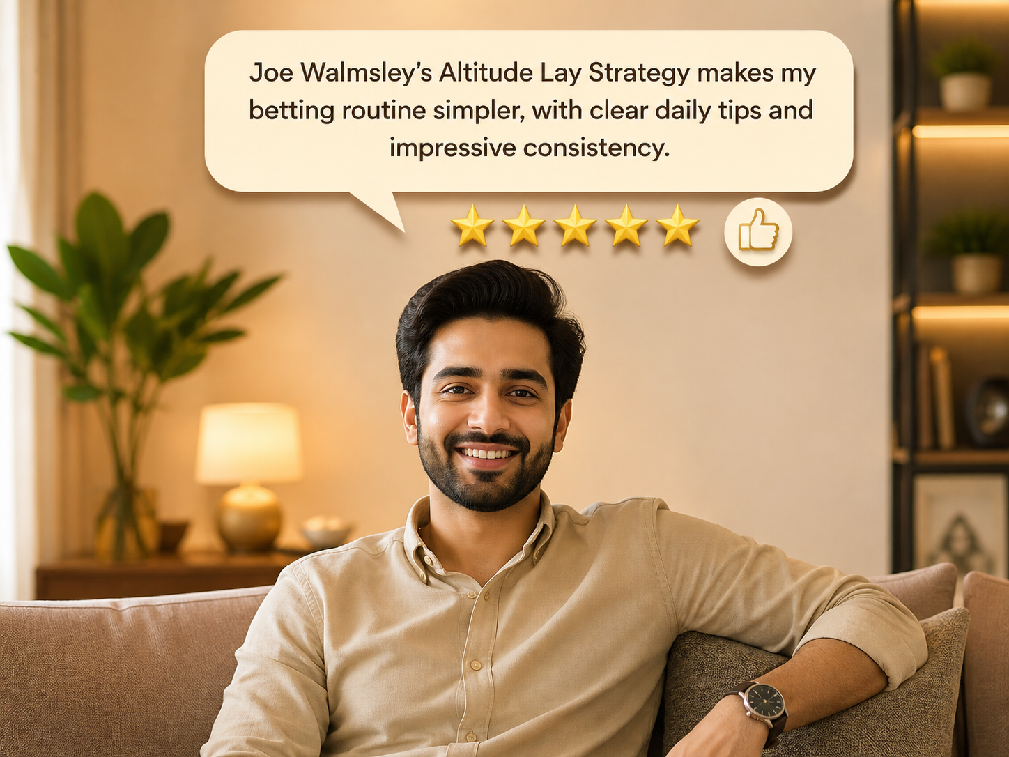Man giving a five-star testimonial for Joe Walmsley's Altitude Lay Strategy betting tips service