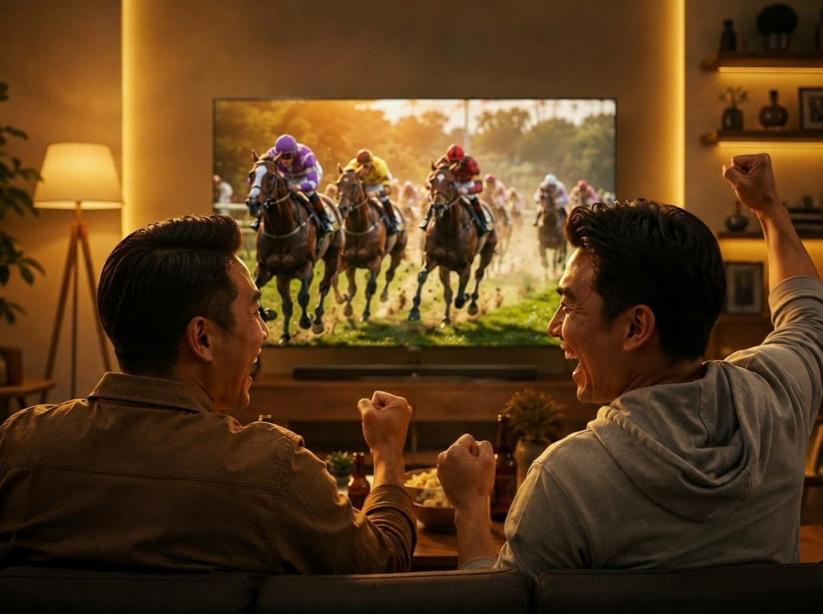 Two men celebrate as a favourite loses a horse race, reflecting a winning Betfair lay bet outcome.