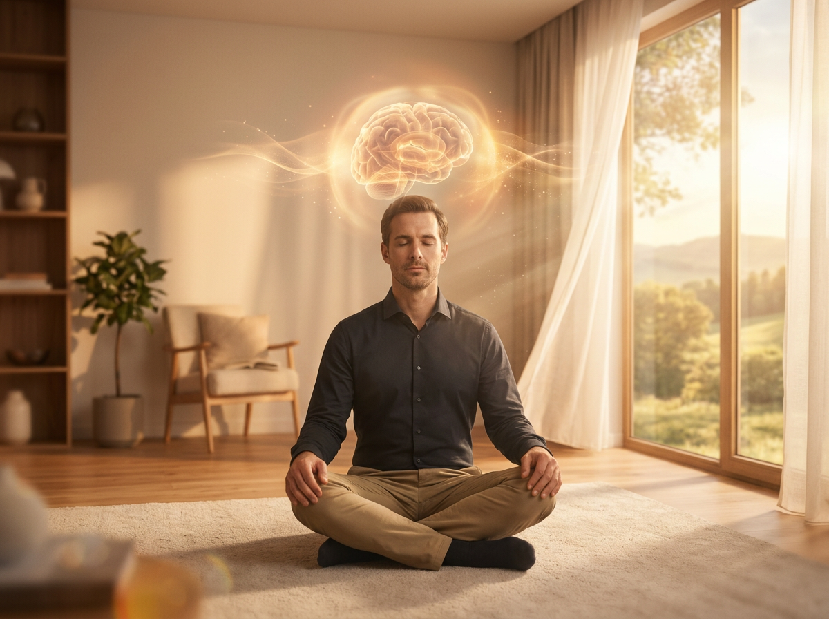 Person listening to money mindset meditation audio with headphones as part of a daily wealth frequency routine