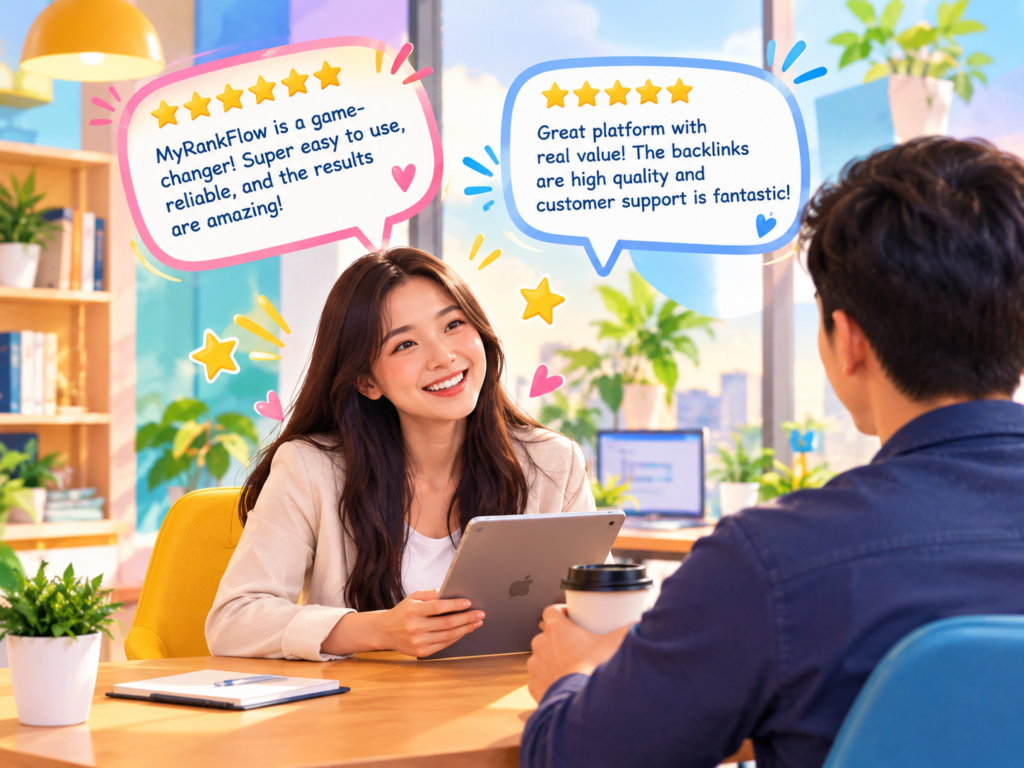 Illustrated woman with tablet shares 5-star MyRankFlow feedback on ease of use, quality backlinks, and support