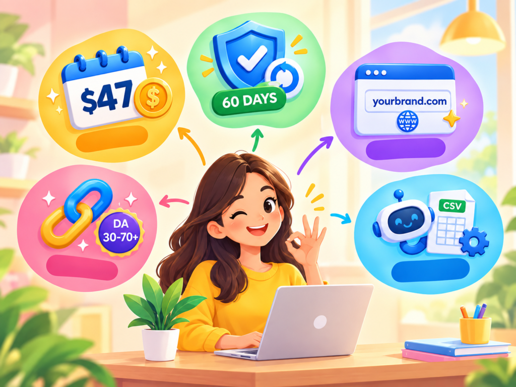 Entrepreneur at laptop with MyRankFlow perks: $47 fee, 60-day guarantee, branded domain, DA 30-70+ links, auto reports