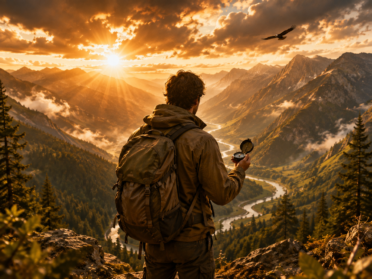 Hiker using natural navigation skills to read landscape features and terrain without GPS