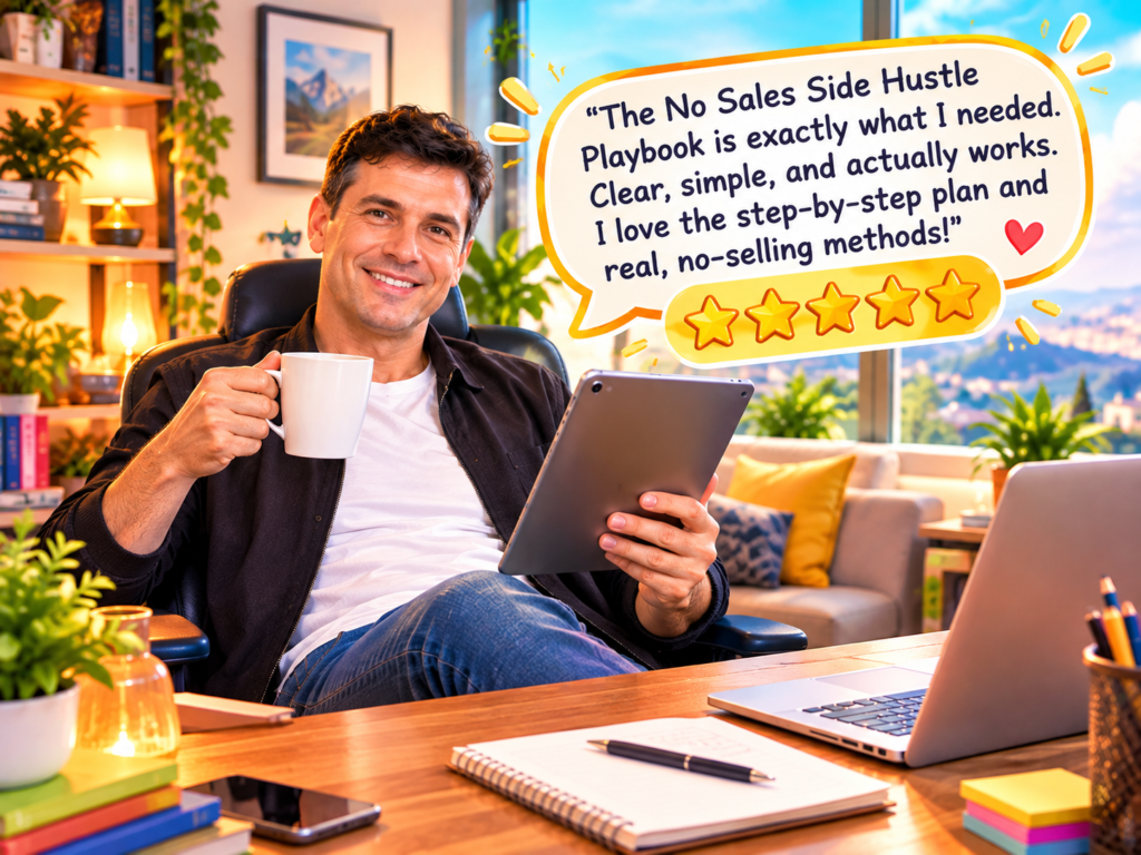 Smiling illustrated man working from home with a tablet beside a five-star quote on the No Sales Side Hustle Playbook