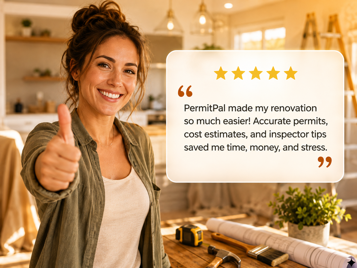 miling homeowner giving a thumbs up beside a five-star PermitPal review about easier renovation permits and estimates