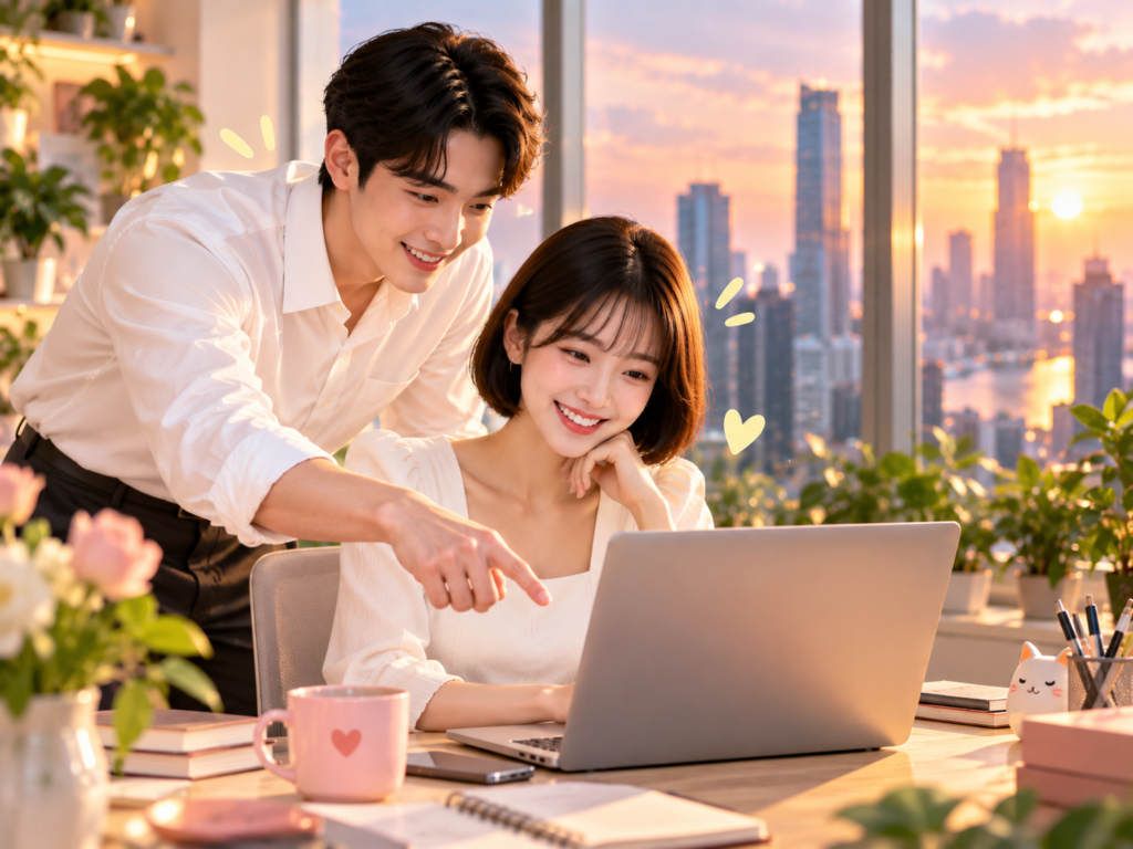 Two people smiling while reviewing an AI-organized daily schedule on a laptop at a home desk.