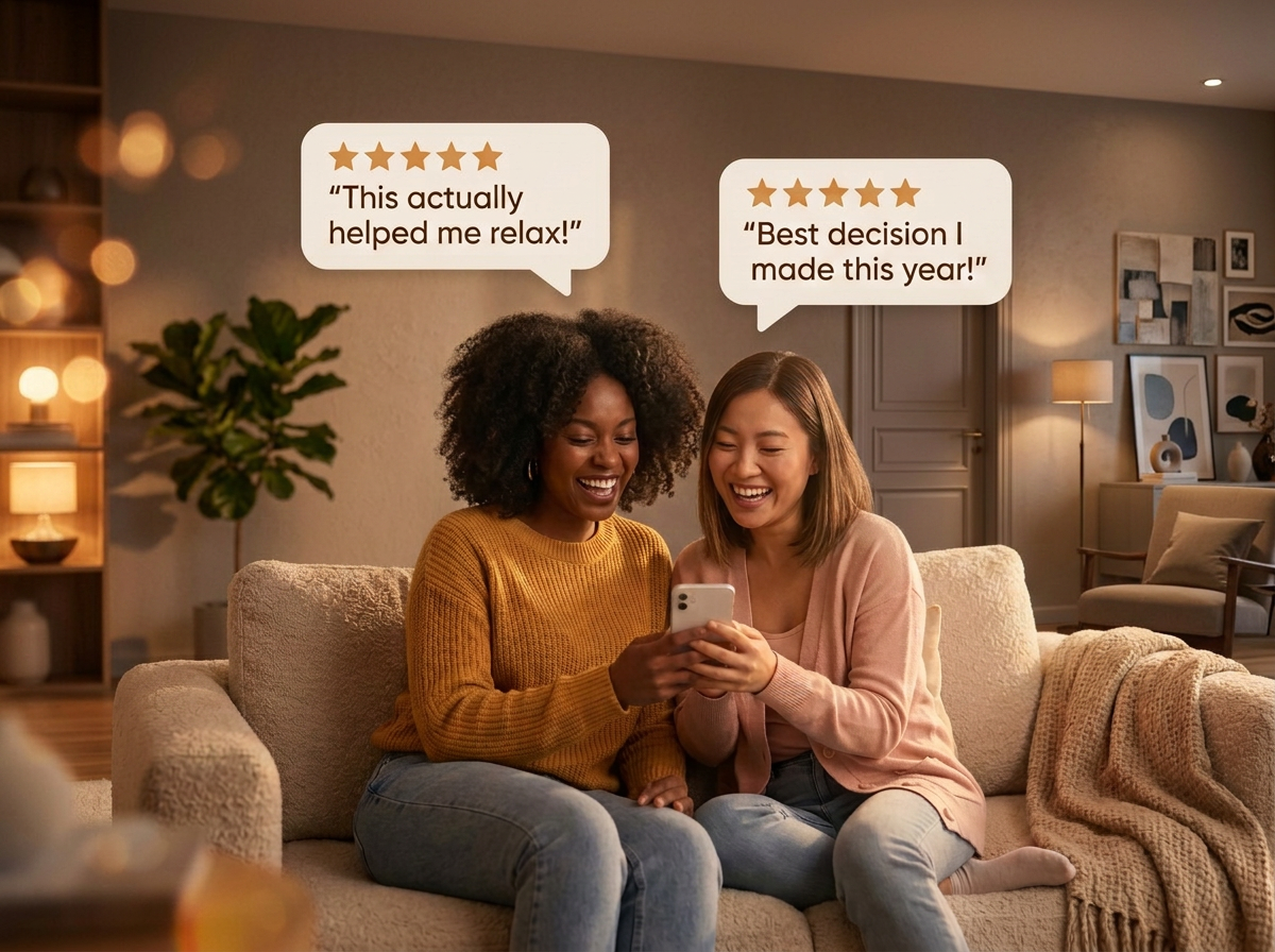 Two women relaxing on a couch, sharing glowing five-star reviews of a money mindset audio program