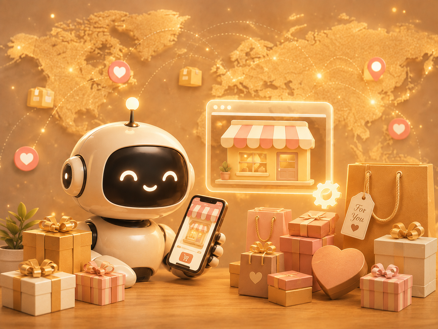 AI robot presents a mobile storefront amid gift boxes and a world map, symbolizing a done-for-you online store ready to sell.