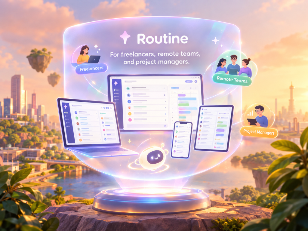 Routine productivity app shown across devices for freelancers, remote teams, and project managers
