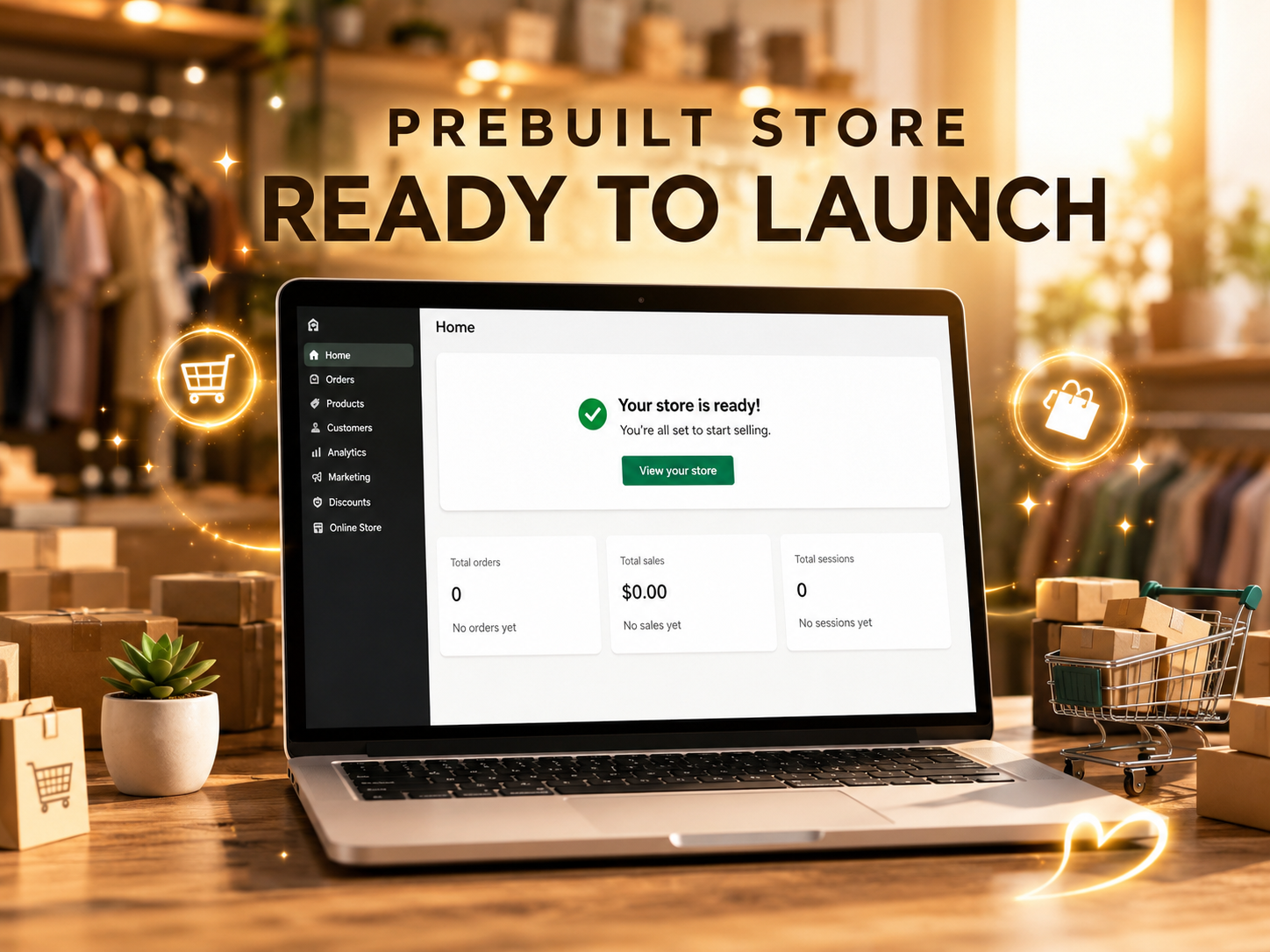 Shopify store dashboard showing prebuilt eCommerce store setup ready to launch