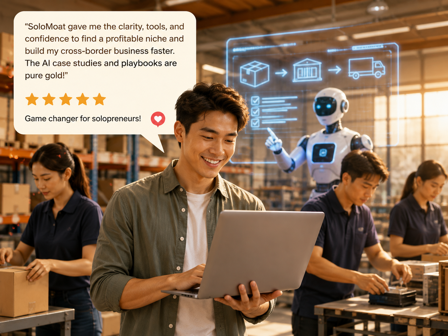 Solopreneur reviews SoloMoat with a five-star testimonial while AI maps a cross-border sourcing workflow