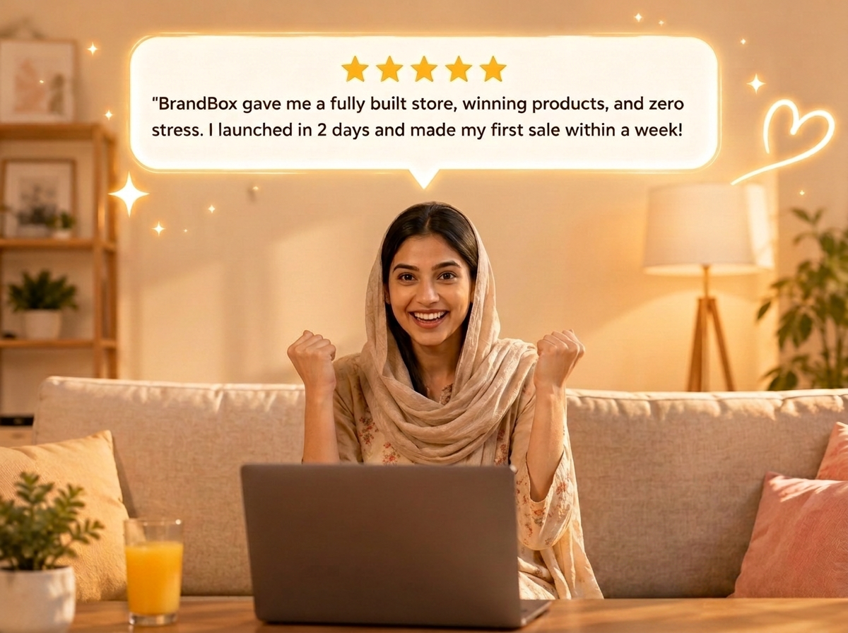 Woman in headscarf celebrates at her laptop as a five-star review praises her solopreneur online store launch.