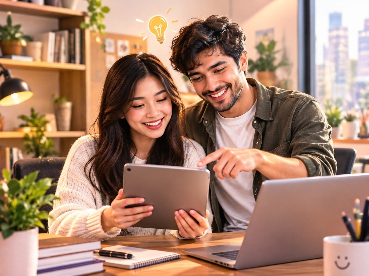 Two people excitedly reviewing a browser-based affiliate website dashboard on a tablet, sparking an income idea