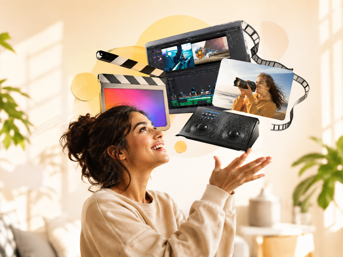 Smiling video editor with floating editing software, clapperboards, film strip and color grading console
