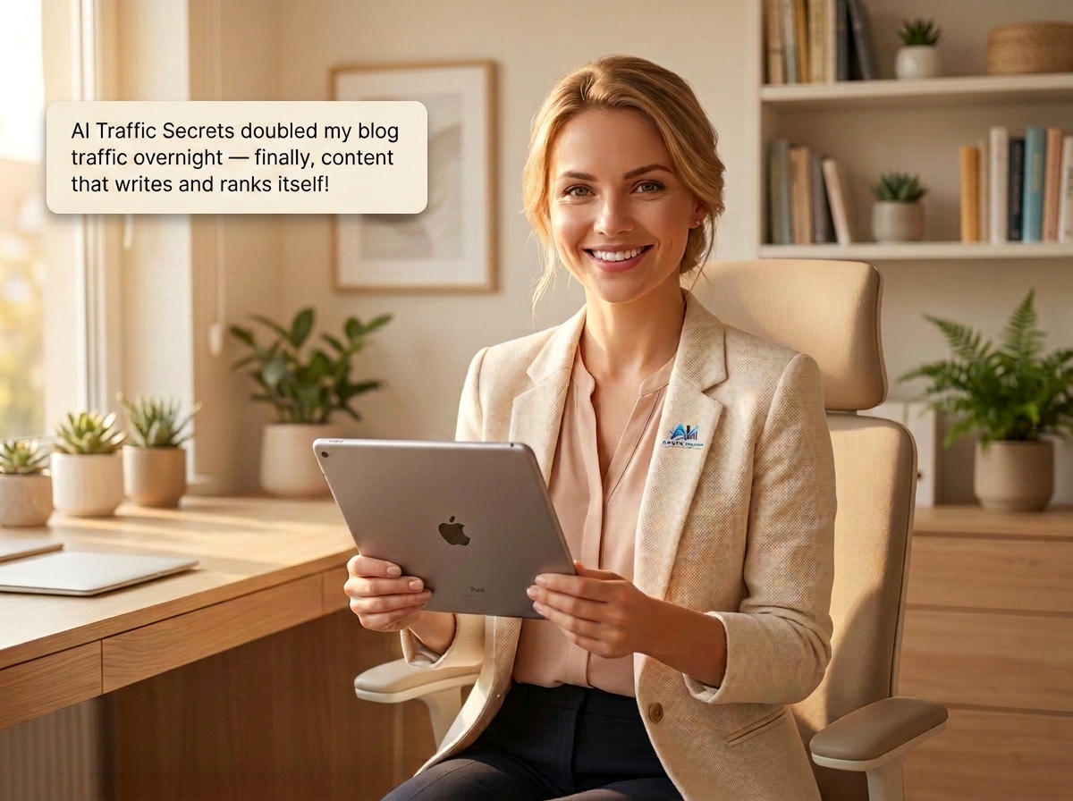 Smiling woman in a home office holds a tablet, with a speech-bubble quote about doubled blog traffic overlaid on the image.