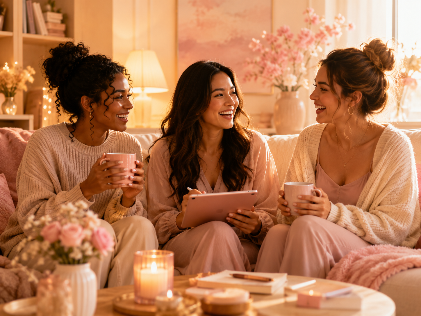 Three women smiling over tea and a tablet, sharing support like the private women-only course community.